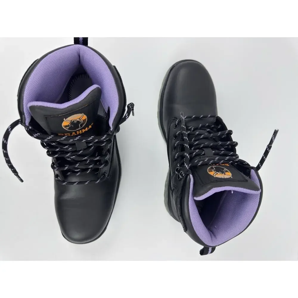 BRAHMA Women's Work Boots Steel Toe Flexible Midsole Leather Black Purple Sz 7.5